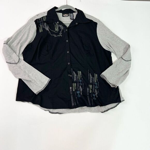 Harley-Davidson Shirt Womens 1X Black & Gray Long-Sleeve Button-Front Logo - Picture 1 of 8